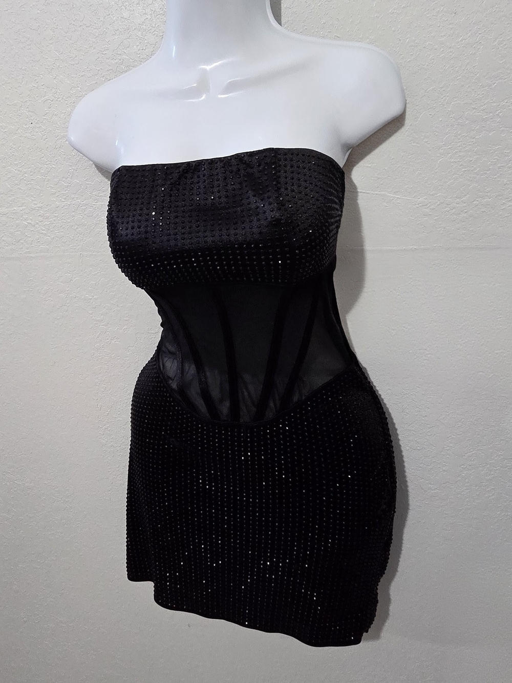 NWOT Bear Dance Strapless Black Sequin Mesh Bodycon Mini Dress Size-Medium